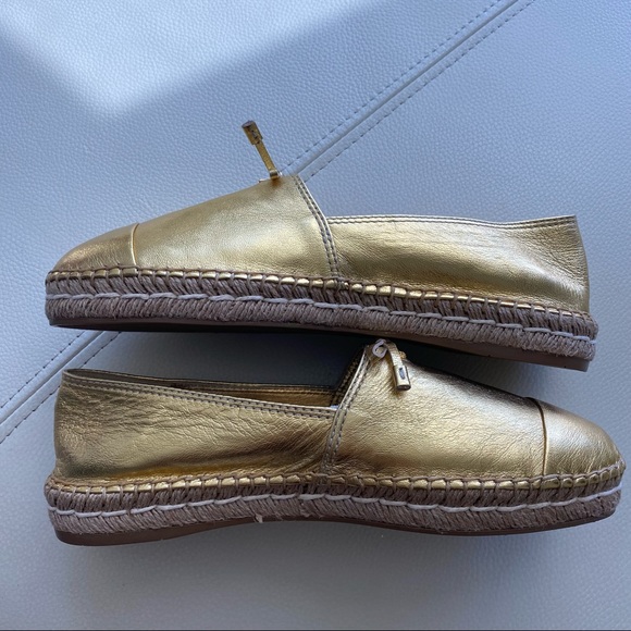 NWOT Prada Gold Metallic Leather Cap-Toe Flat Espadrille - Picture 11 of 15